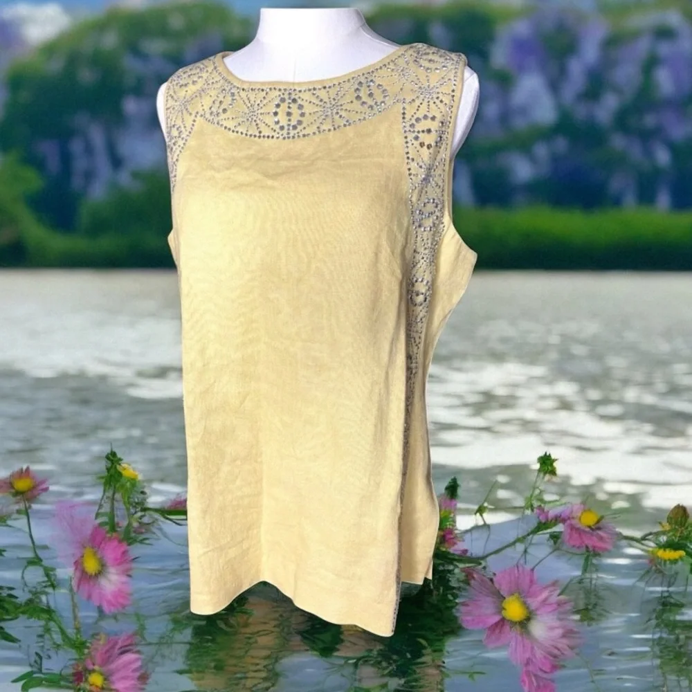 Tory Burch Rhinestone Embellished 100% Linen Sleeveless Tunic Top Size 12